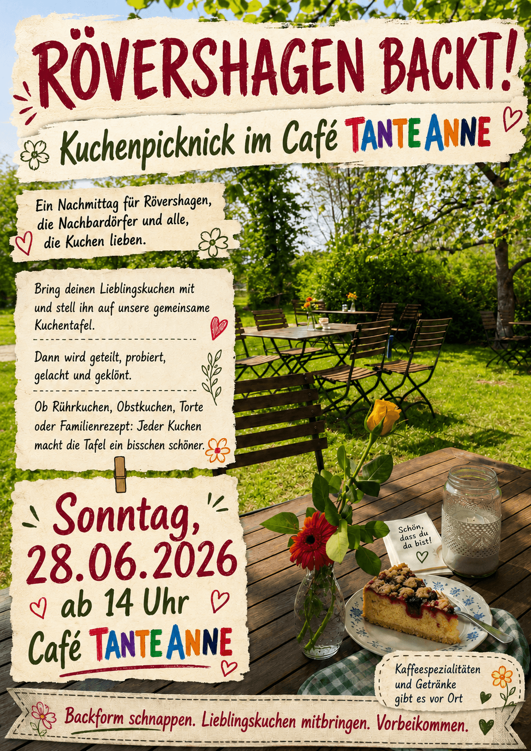 Social-Media-Agentur Rostock für lokale Betriebe 4 Flyer für das Kuchenpicknick Rövershagen als Beispiel für lokale Gestaltung durch TB Media