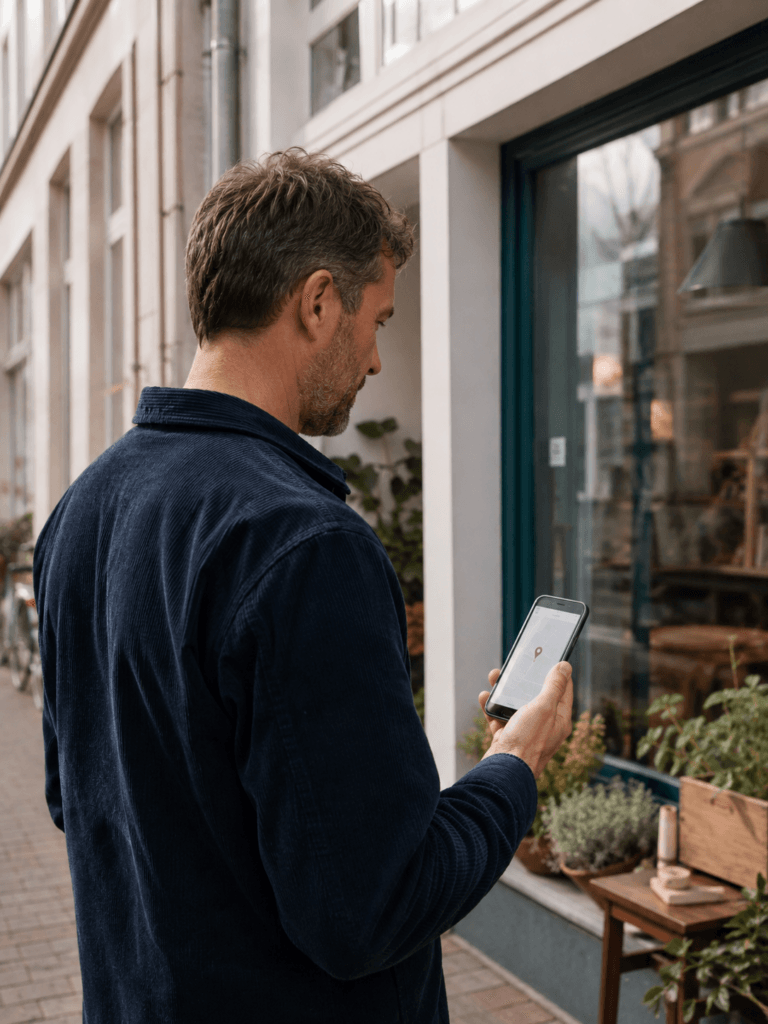 Inhaber prüft die lokale Auffindbarkeit seines Geschäfts am Smartphone