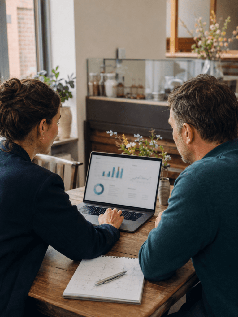 Unternehmer besprechen den monatlichen Sichtbarkeitsreport
